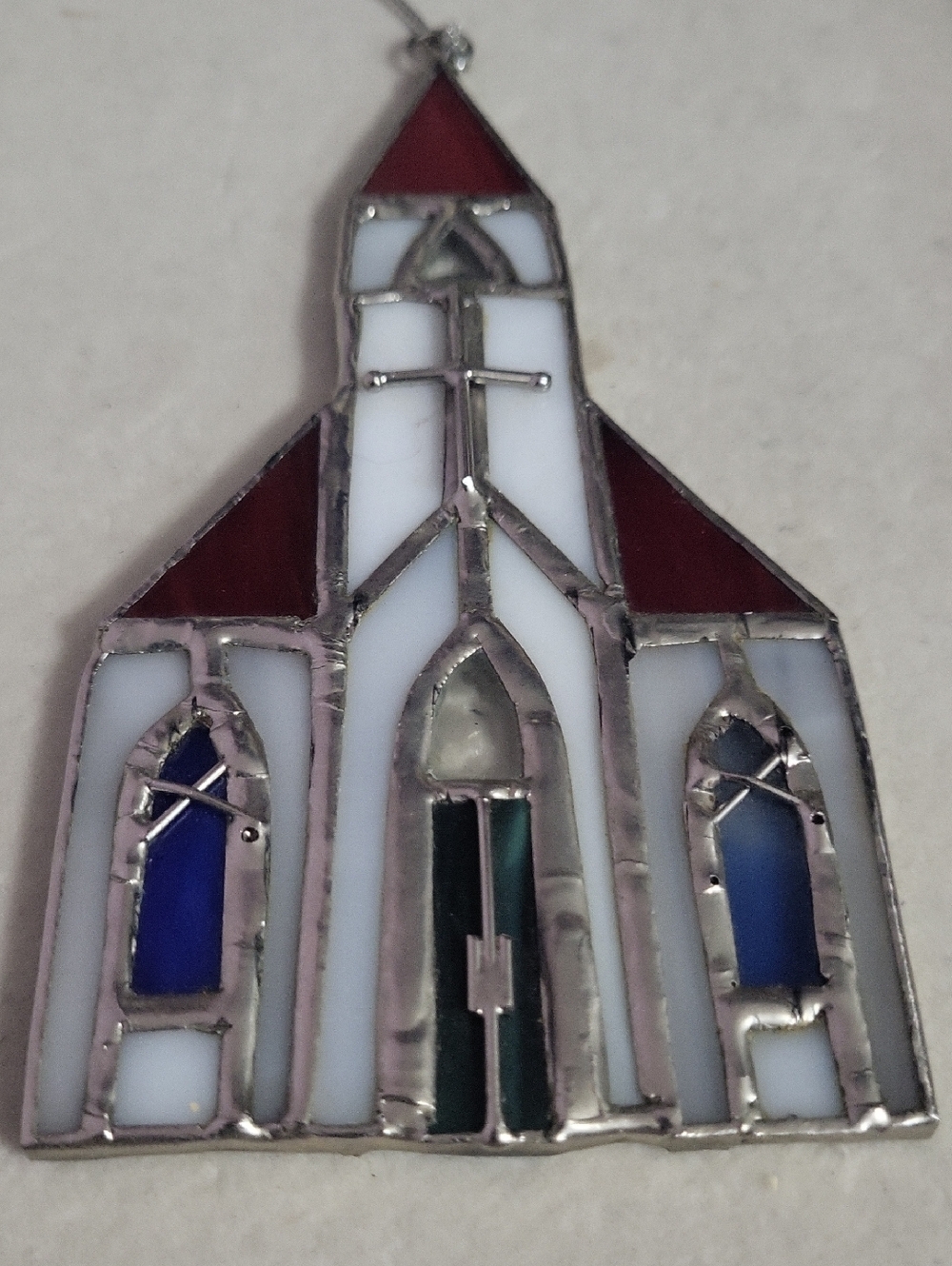 Vintage Stained Glass Church Suncatcher Ornament - White & Red